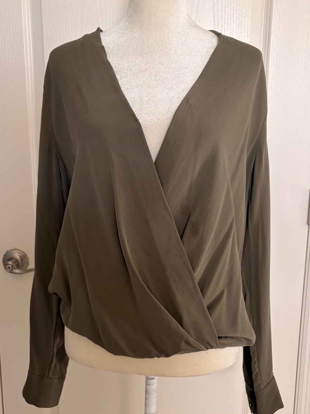 Diane Von Furstenberg Olive Wrap-Front Blouse 100% Silk
